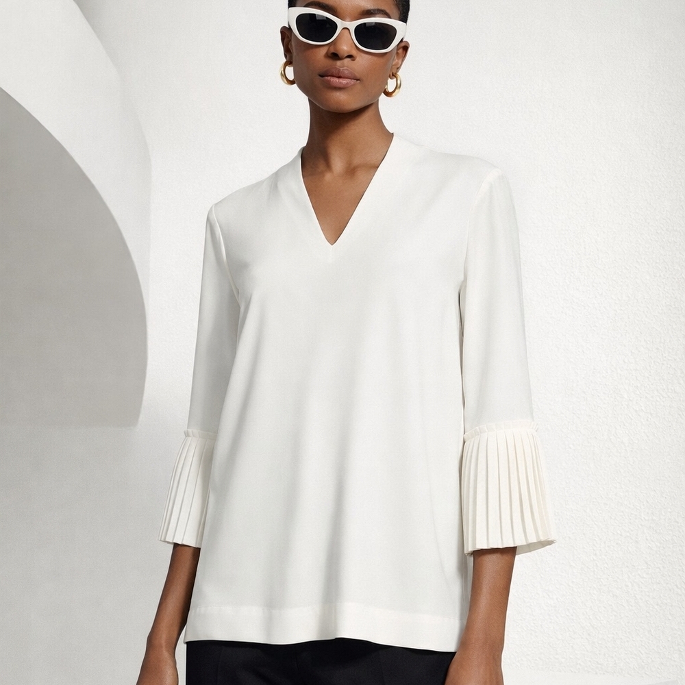 Escada Cream V-Neck Pleated Cuff Blouse